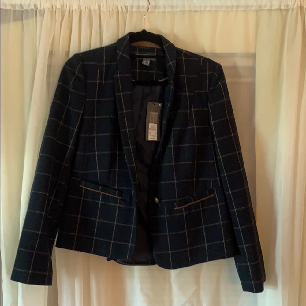 Windowpane Plaid Wool-Blend Navy Blazer